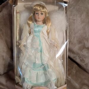 Porcelain Angel Doll in Mint and Ivory Dress - Kids Toys Dolls